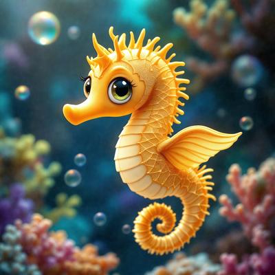 The primary subject of the image is a yellow and orange cartoon sea horse. The setting is underwater, with the sea horse surrounded by a variety of colorful coral and sea plants. The visual style is a digital art or illustration, creating a vibrant and lively atmosphere. The dominant colors are yellow, orange, and various shades of blue, which contribute to the overall cheerful and playful mood of the scene.